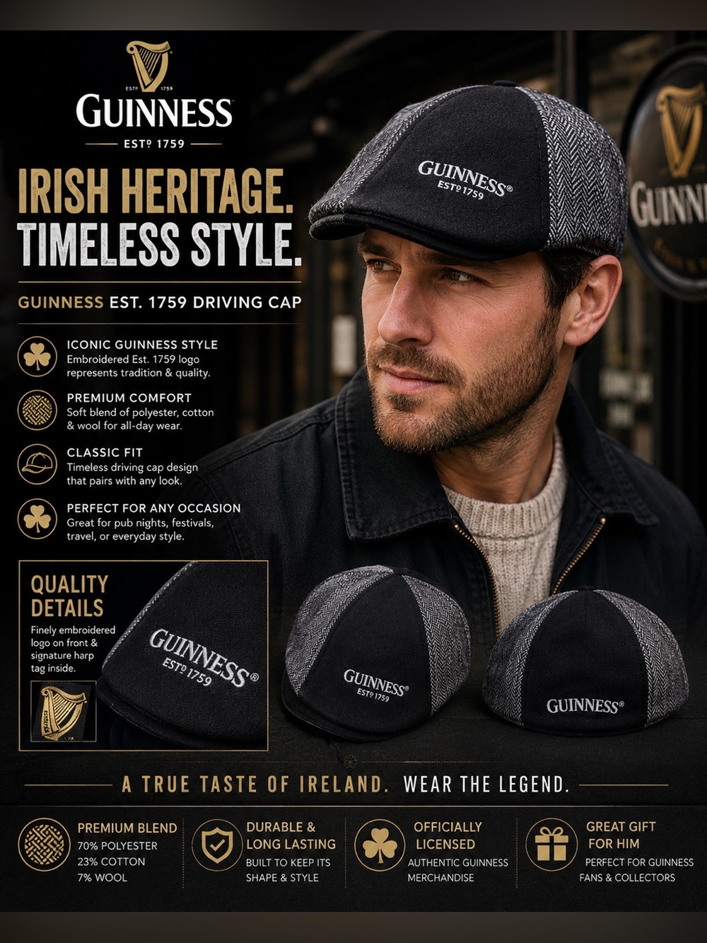 Guinness Est. 1759 Black & Gray Irish Driving Cap Newsboy Hat Flat Cap